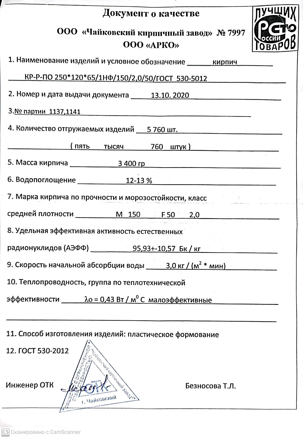 Кирпич рядовой полнотелый Чайковский одинарный 1НФ М200